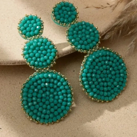 Green and Gold Beaded large Statement Earrings - NEW - Picture 2 of 3